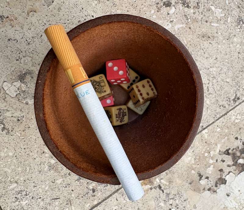 Vintage leather dice cup with dice and  Bakelite poker dice
