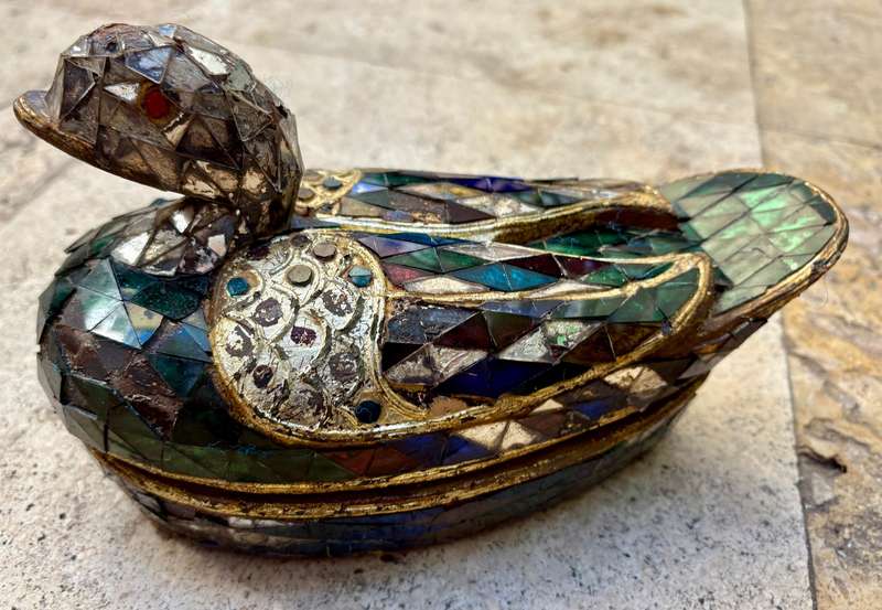 Antique wood Duck Trinket Box Bird Mosaic  Glass Art