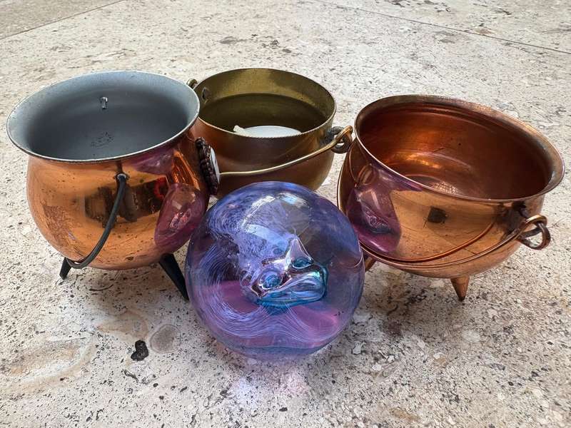 Vintage small copper and brass cauldron potjie pot lot of 3 + Murano glass paper weight