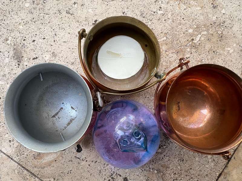 Vintage small copper and brass cauldron potjie pot lot of 3 + Murano glass paper weight