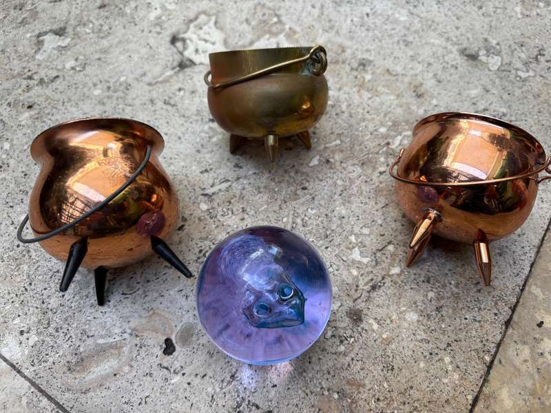 Vintage small copper and brass cauldron potjie pot lot of 3 + Murano glass paper weight