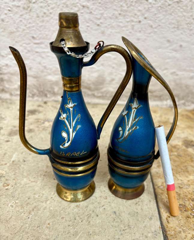 Brass genie lamp pitcher pair Israel with bottle opener