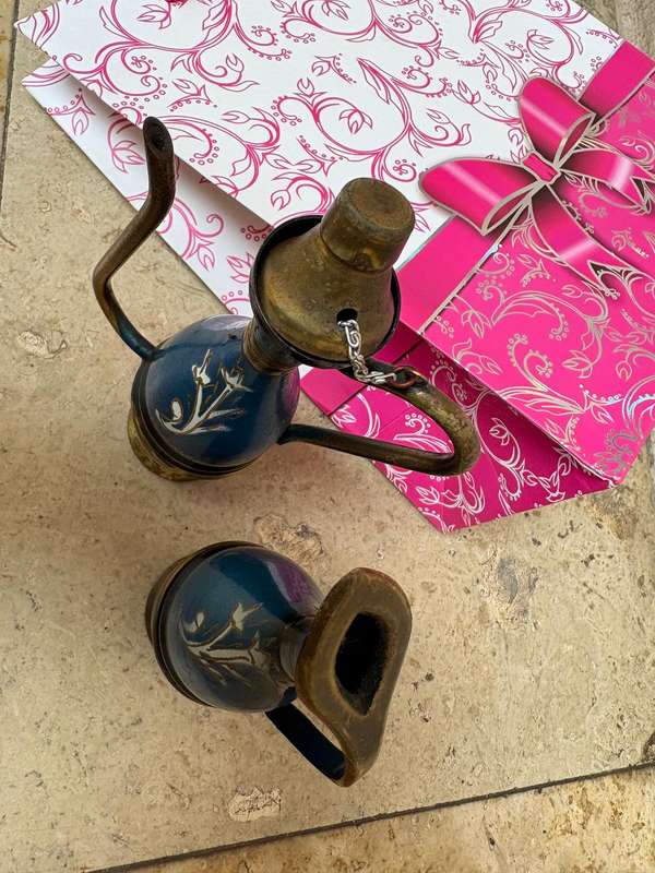 Brass genie lamp pitcher pair Israel with bottle opener