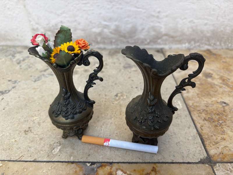 vintage brass floral  pitcher bud vase pair Italy