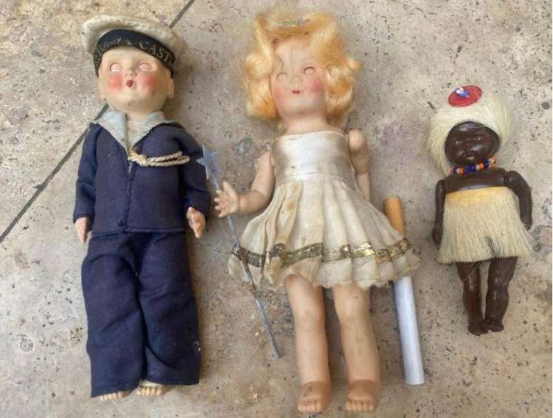 Antique plastic doll lot of 3 , African sailer boy and white fairy dolls