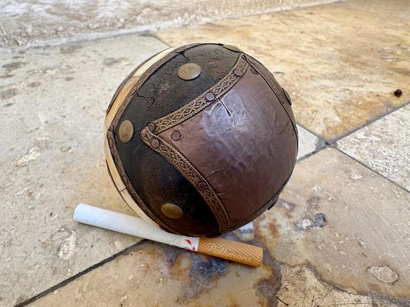 Antique Indian carved wooden decorative ball bone brass inlay ball