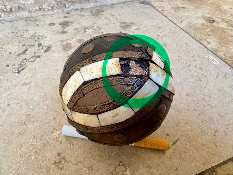 Antique Indian carved wooden decorative ball bone brass inlay ball