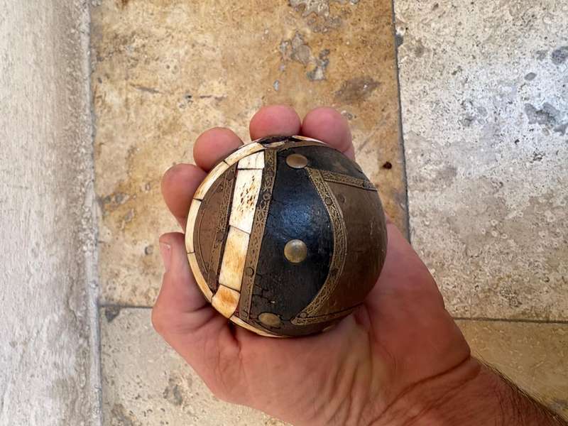 Antique Indian carved wooden decorative ball bone brass inlay ball