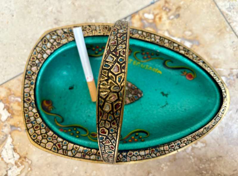 Vintage brass enamel bowl Israel Jerusalem footed