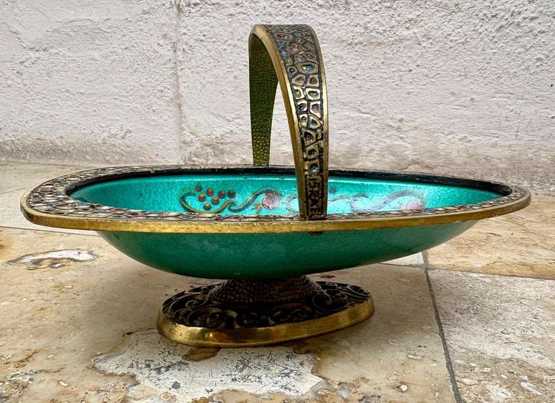 Vintage brass enamel bowl Israel Jerusalem footed