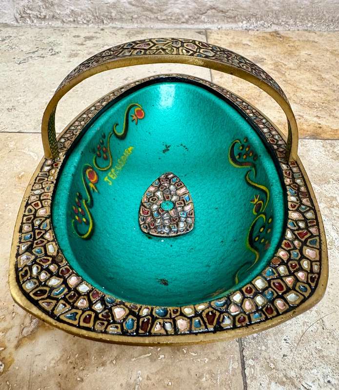 Vintage brass enamel bowl Israel Jerusalem footed