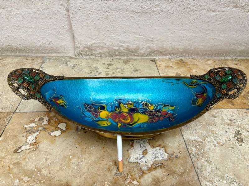 Vintage brass large enamel fruit  bowl Israel Jerusalem footed