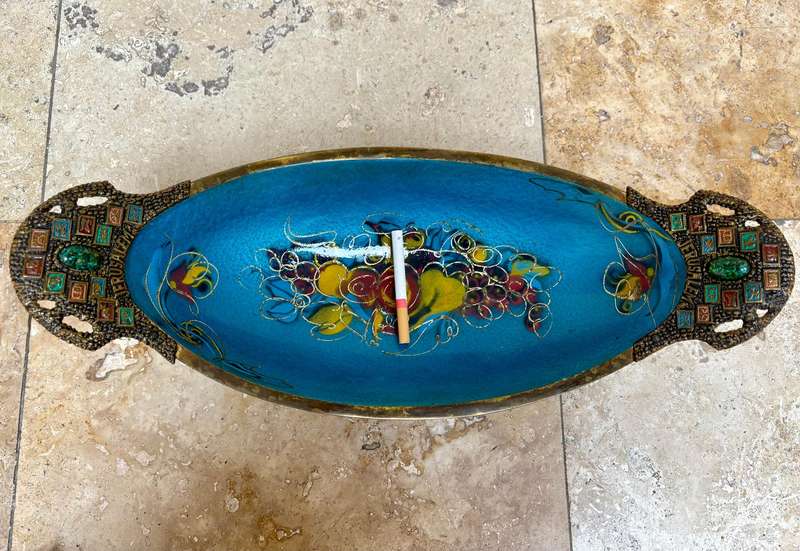 Vintage brass large enamel fruit  bowl Israel Jerusalem footed