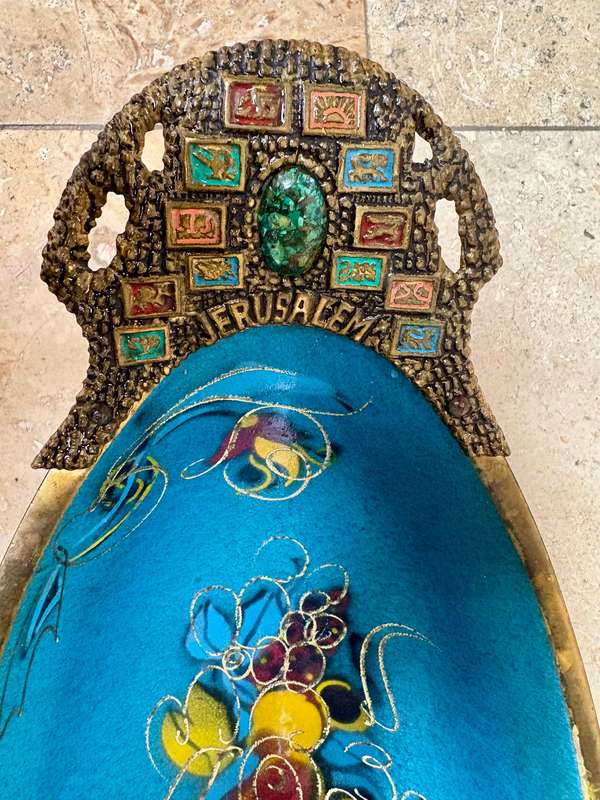 Vintage brass large enamel fruit  bowl Israel Jerusalem footed