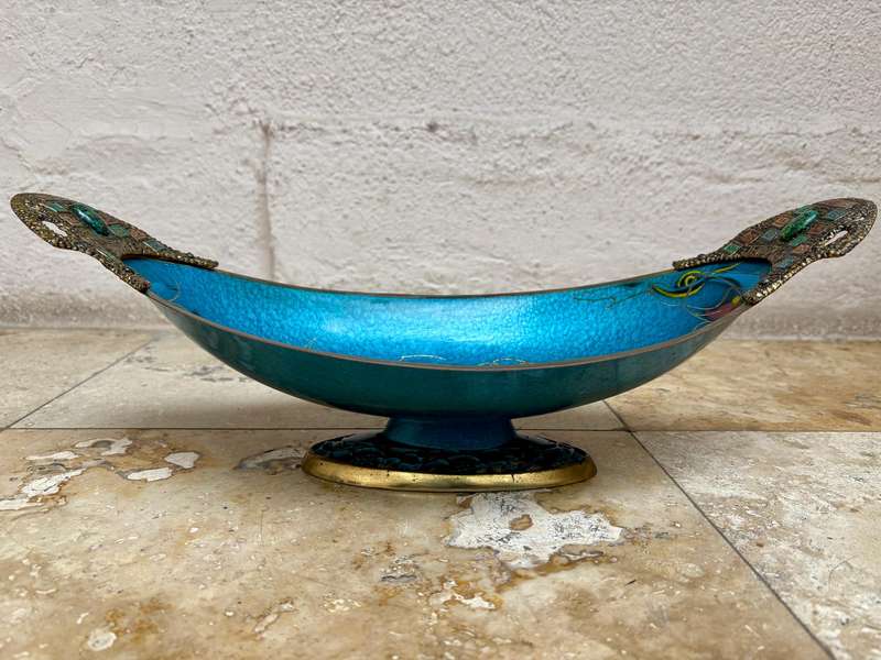 Vintage brass large enamel fruit  bowl Israel Jerusalem footed