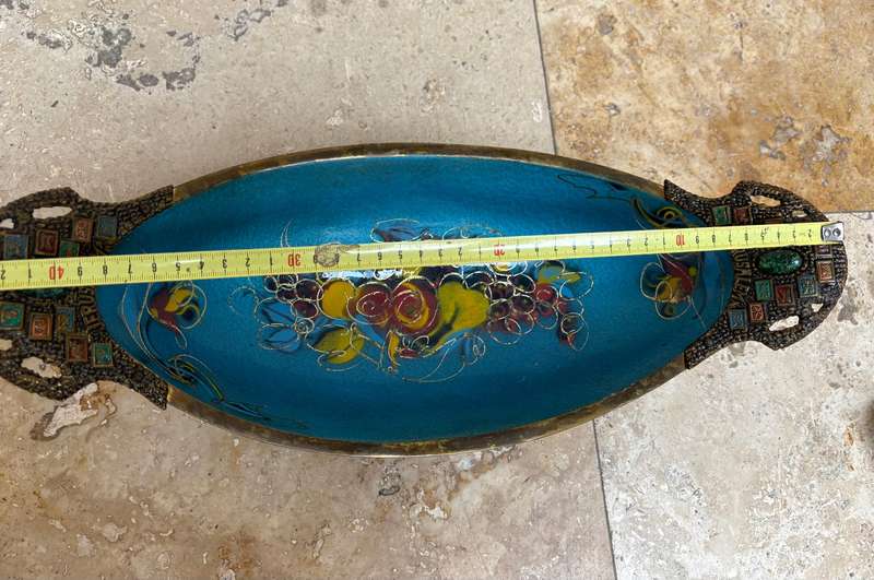 Vintage brass large enamel fruit  bowl Israel Jerusalem footed
