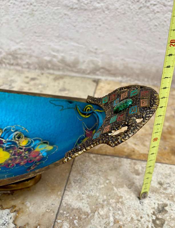 Vintage brass large enamel fruit  bowl Israel Jerusalem footed