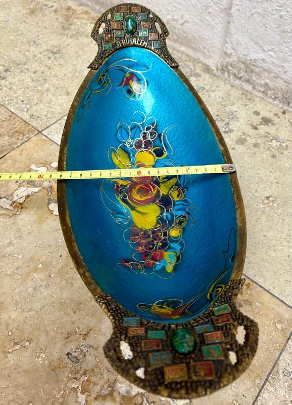 Vintage brass large enamel fruit  bowl Israel Jerusalem footed