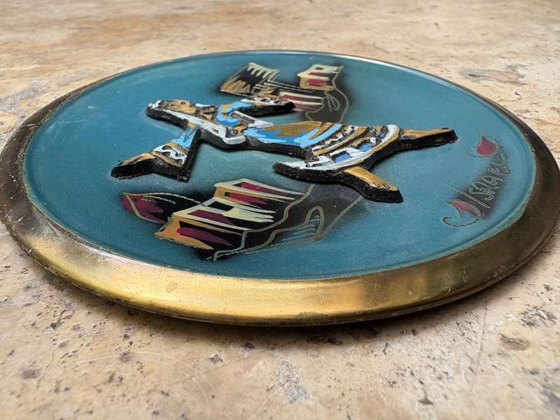 Vintage brass enamel wall plate pair Israel
