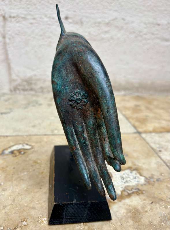 Vintage cast bronze hand of  Buddha Thai Vitarka Mudra hand flower palm on wood base