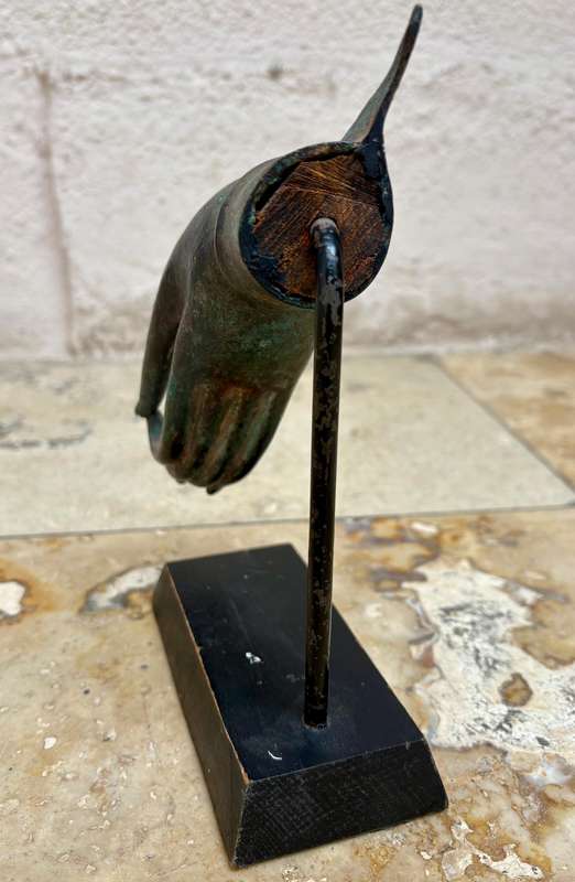 Vintage cast bronze hand of  Buddha Thai Vitarka Mudra hand flower palm on wood base