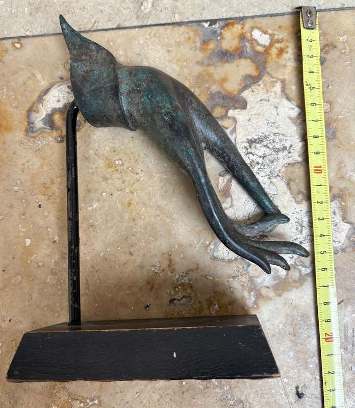 Vintage cast bronze hand of  Buddha Thai Vitarka Mudra hand flower palm on wood base
