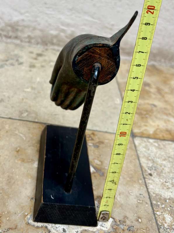 Vintage cast bronze hand of  Buddha Thai Vitarka Mudra hand flower palm on wood base