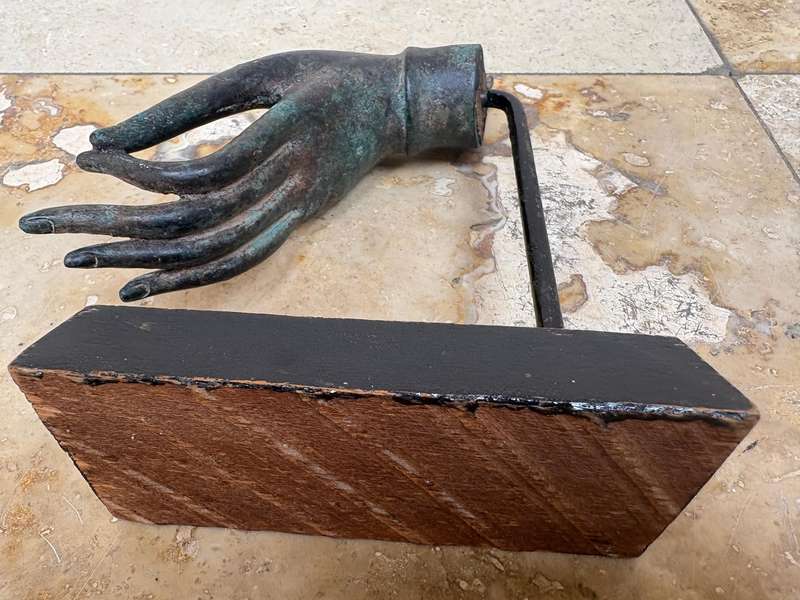 Vintage cast bronze hand of  Buddha Thai Vitarka Mudra hand flower palm on wood base