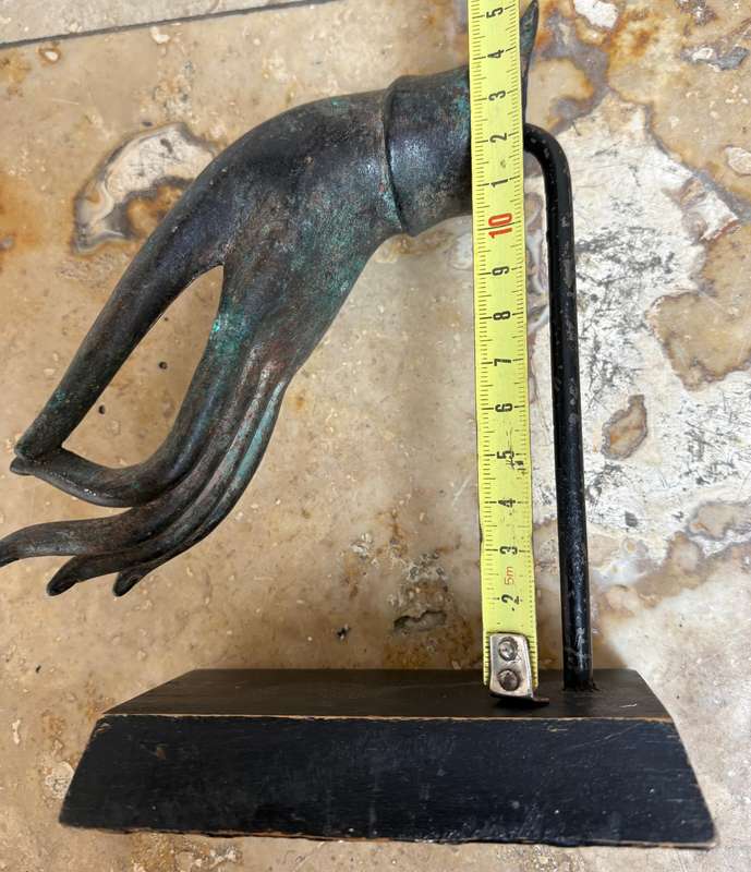 Vintage cast bronze hand of  Buddha Thai Vitarka Mudra hand flower palm on wood base