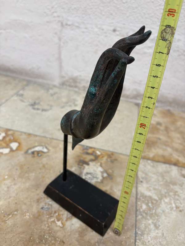Vintage cast bronze hand of  Buddha Thai Vitarka Mudra hand flower palm on wood base
