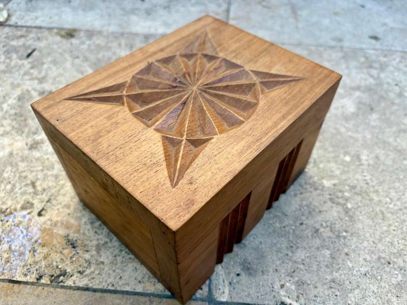 Vintage exotic Wood carved box filled with vintage soda marbles