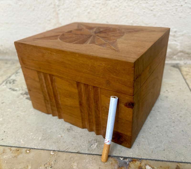 Vintage exotic Wood carved box filled with vintage soda marbles