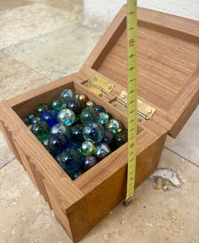 Vintage exotic Wood carved box filled with vintage soda marbles