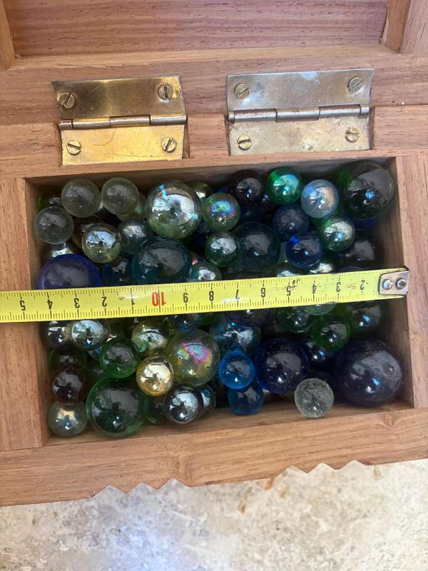 Vintage exotic Wood carved box filled with vintage soda marbles
