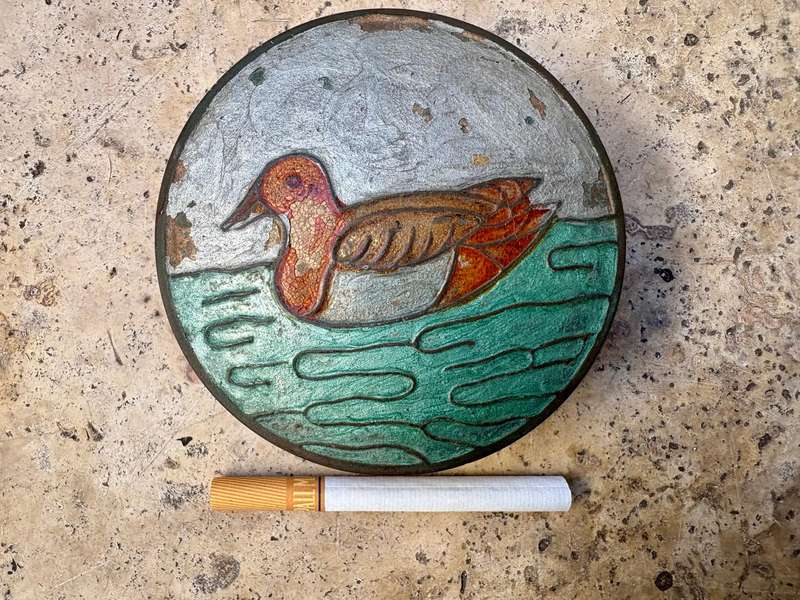 Vintage round brass trinket box etched duck on lid enamel paint