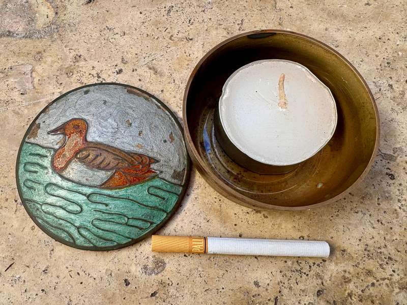 Vintage round brass trinket box etched duck on lid enamel paint