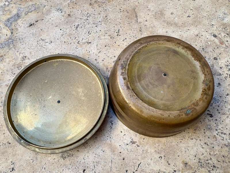 Vintage round brass trinket box etched duck on lid enamel paint