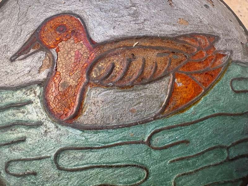 Vintage round brass trinket box etched duck on lid enamel paint