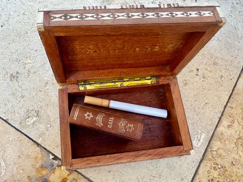 Vintage mini Jewish Torah book in mother of pearl trinket box