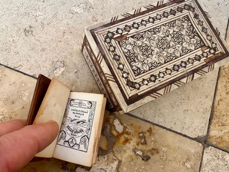 Vintage mini Jewish Torah book in mother of pearl trinket box