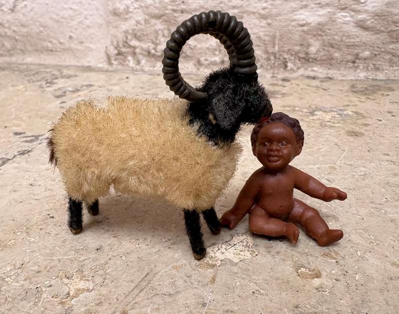 Vintage Wagner Kunstlerschutz Handwork Flocked West Germany Ram Sheep with pvc baby figure nativity