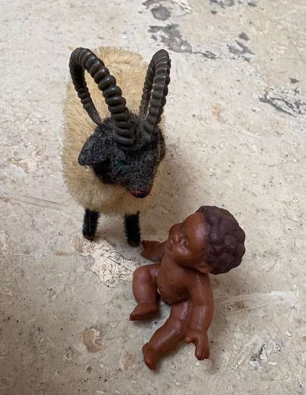 Vintage Wagner Kunstlerschutz Handwork Flocked West Germany Ram Sheep with pvc baby figure nativity