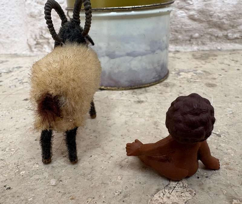 Vintage Wagner Kunstlerschutz Handwork Flocked West Germany Ram Sheep with pvc baby figure nativity