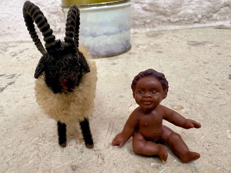 Vintage Wagner Kunstlerschutz Handwork Flocked West Germany Ram Sheep with pvc baby figure nativity