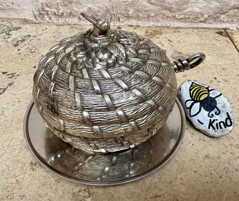 Vintage bee hive honey pot silver plated with glass insert + spoon