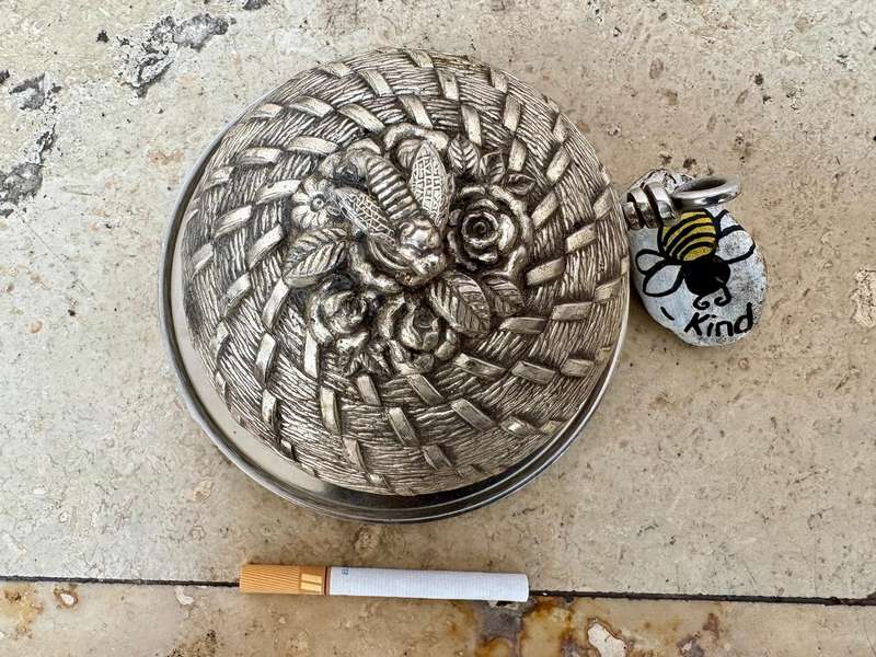 Vintage bee hive honey pot silver plated with glass insert + spoon