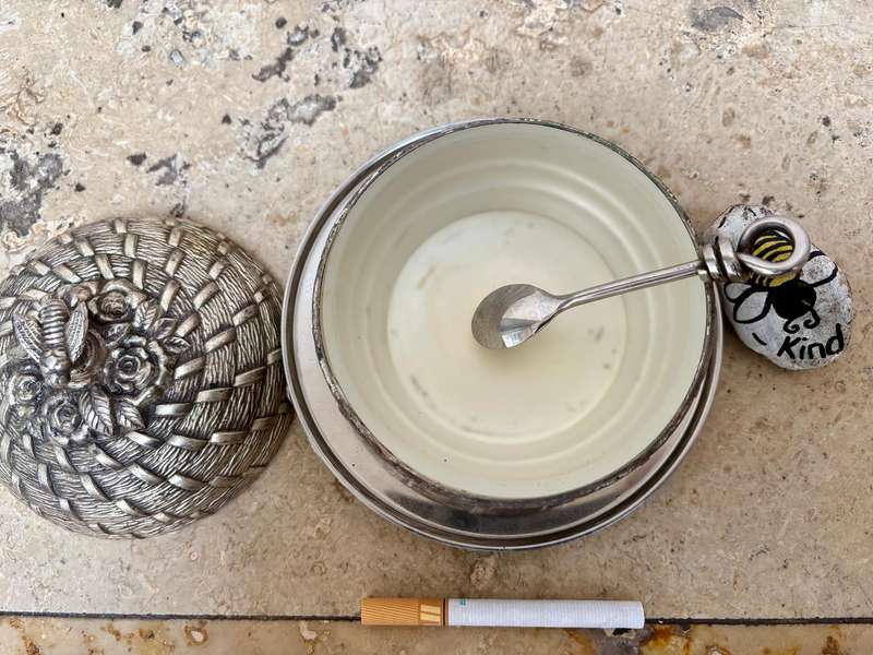 Vintage bee hive honey pot silver plated with glass insert + spoon