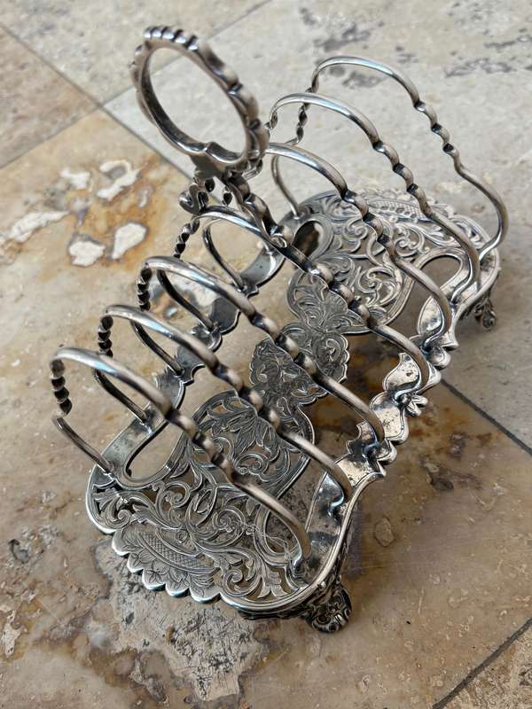 Antique silver plate footed toast rack ornate numbered and hallmarked
