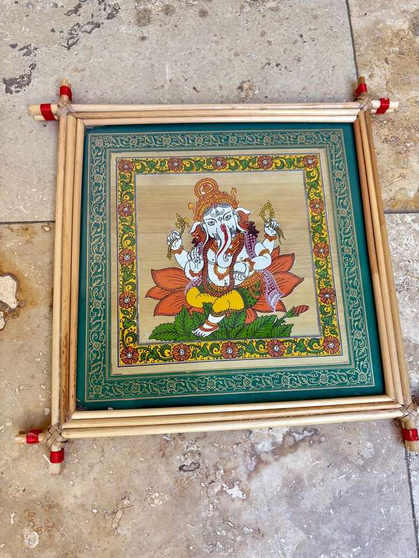 Lord Ganesha palm leaf painting in reed frame handmade