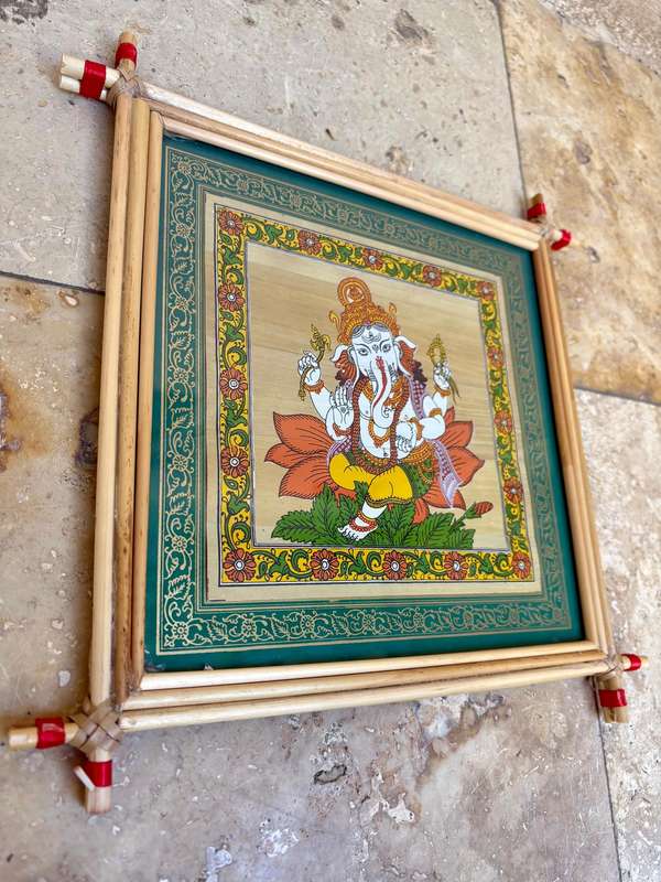 Lord Ganesha palm leaf painting in reed frame handmade
